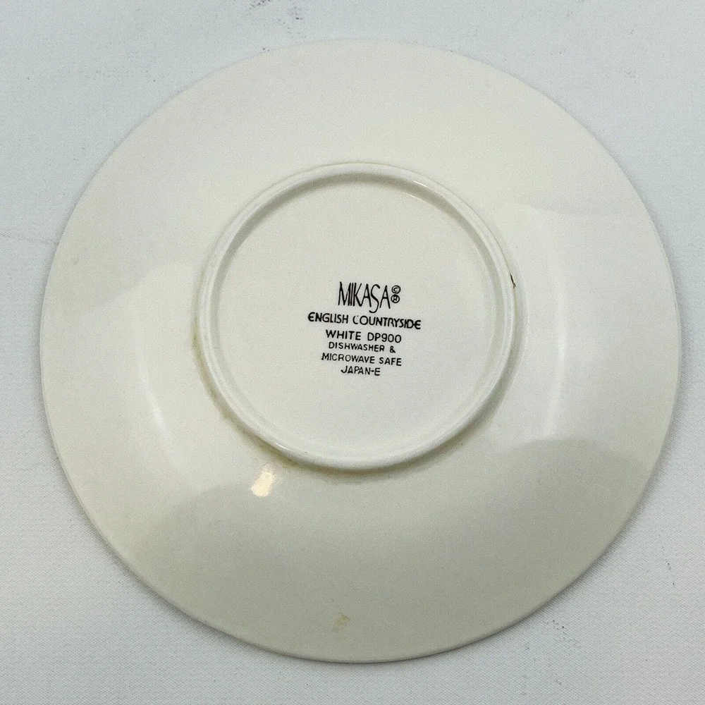 Mikasa English Countryside Flat Cup & Saucer Set White Stoneware Embossed Fruit‎